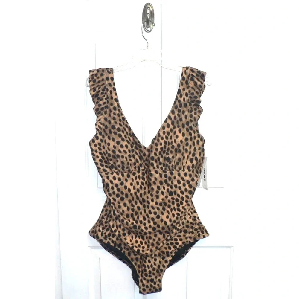 DKNY Womens Ruffled Shoulder VNeck Underwire OnePiece Leopard Print Swimsuit 2XL - Picture 6 of 9
